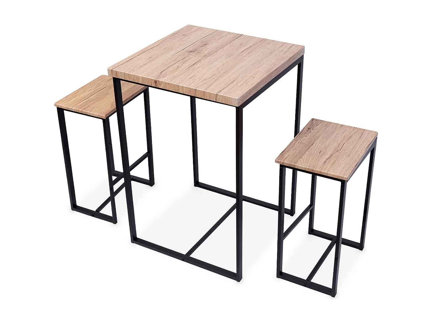 Set table haute carré - Loft - avec 2 tabourets de bar. acier et décor bois. encastrable. design