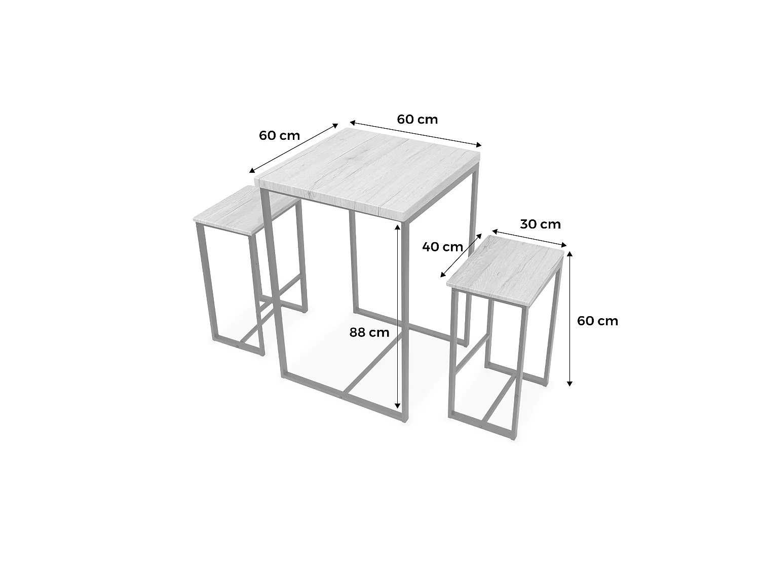 Set table haute carré - Loft - avec 2 tabourets de bar. acier et décor bois. encastrable. design