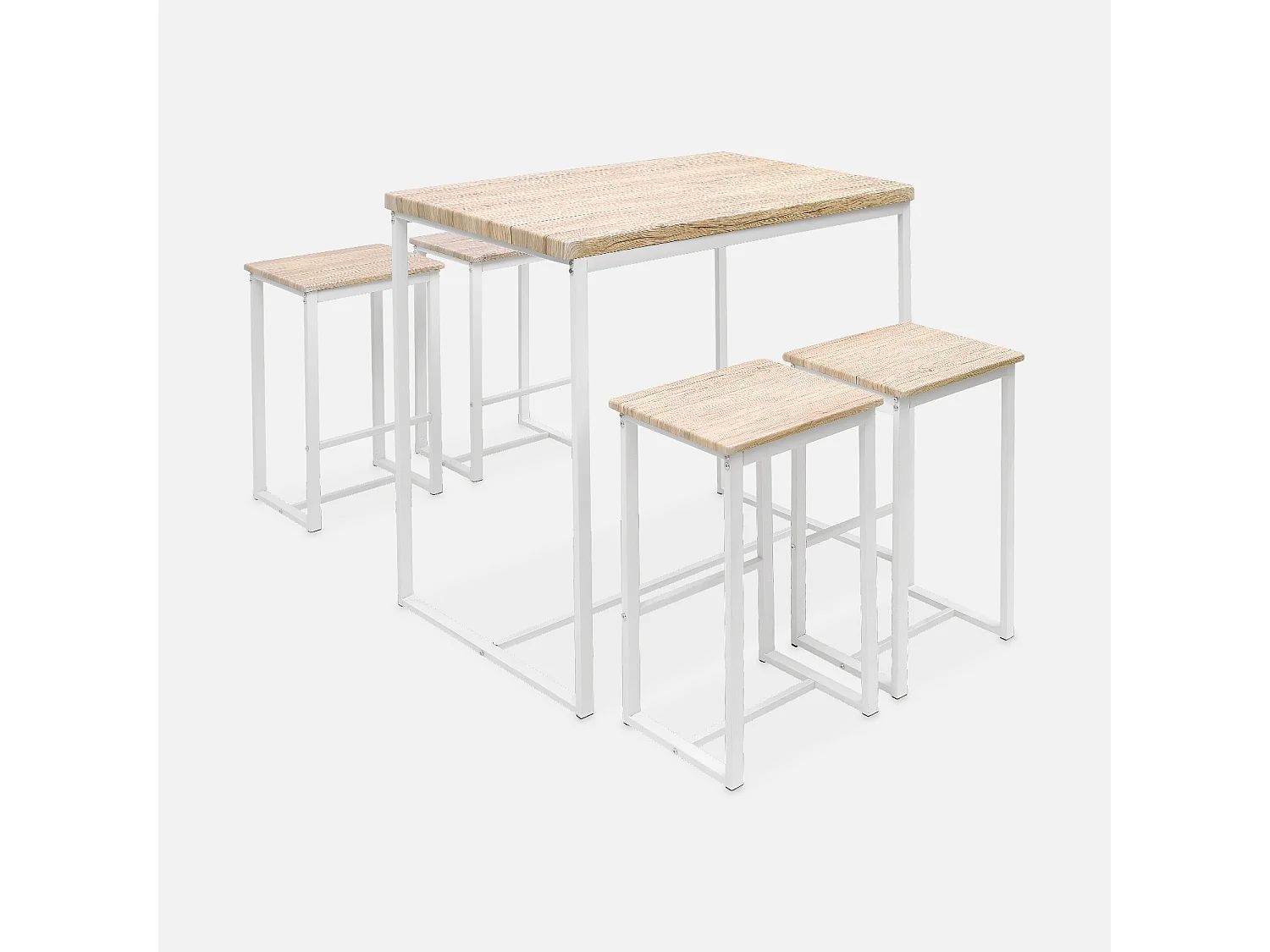 Tavolo alto e sgabelli da bar in acciaio ed effetto legno bianco