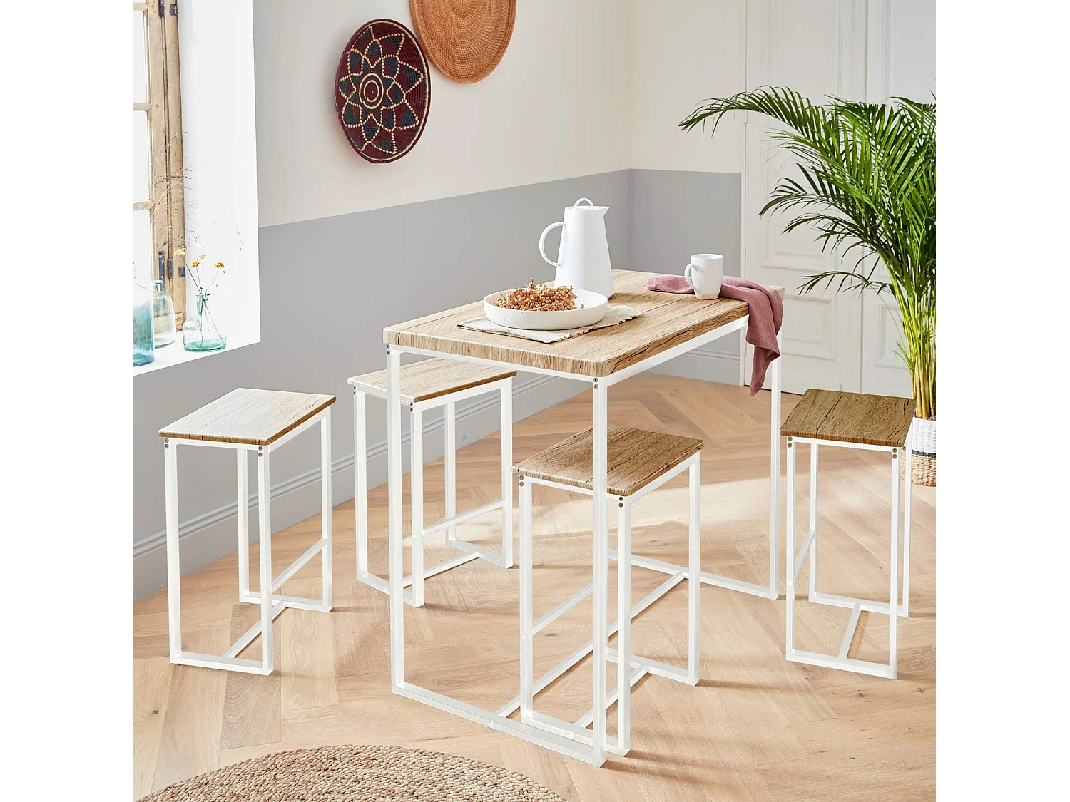 Set table haute rectangulaire LOFT avec 4 tabourets de bar. acier et décor bois. encastrable. design