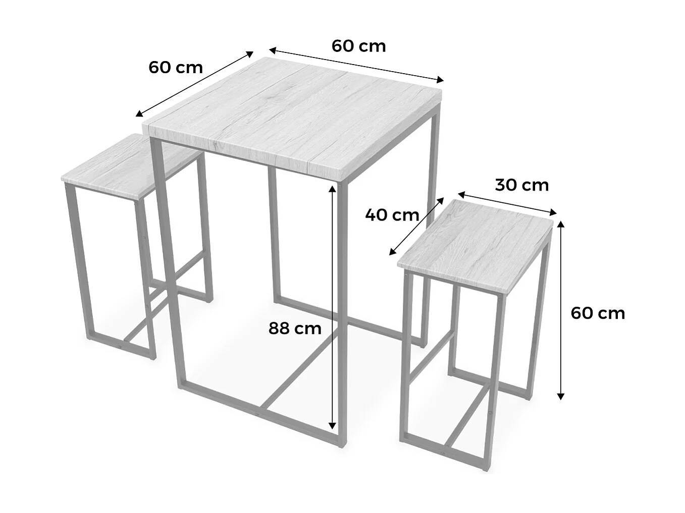 Set table haute carré - Loft - avec 2 tabourets de bar. acier et décor bois. encastrable. design