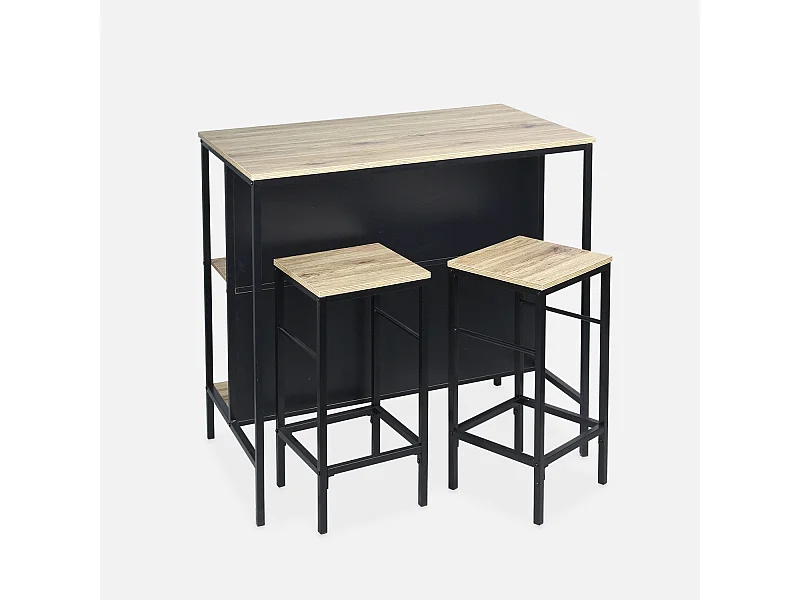 Mesa alta de madera y metal, 2 estantes, 2 taburetes natural