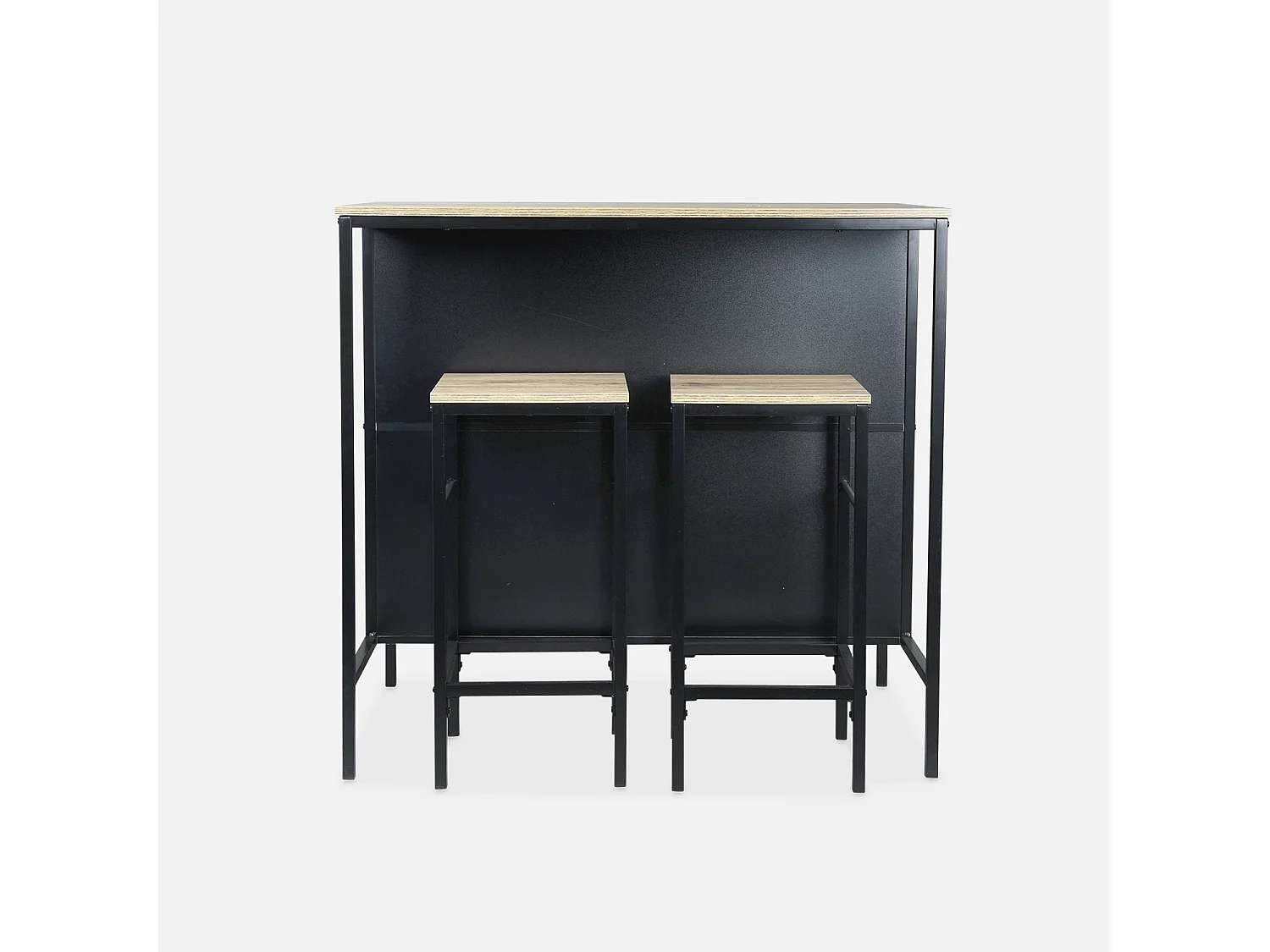 Tavolo alto in legno e metallo, 2 ripiani, 2 sgabelli, marrone