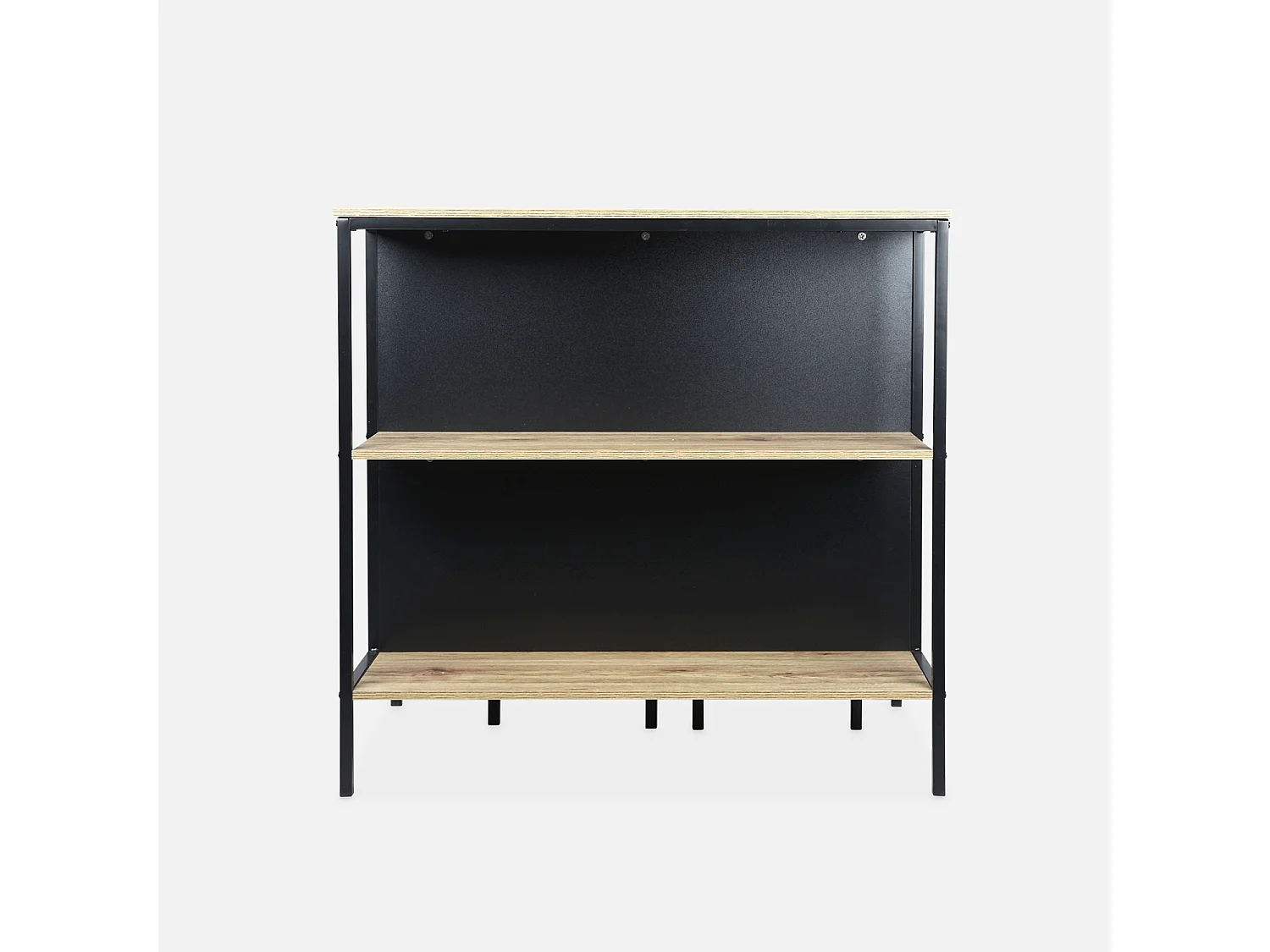 Tavolo alto in legno e metallo, 2 ripiani, 2 sgabelli, marrone