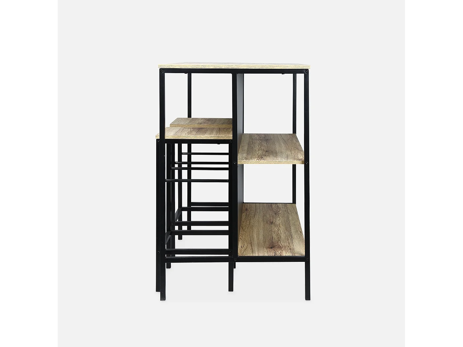 Tavolo alto in legno e metallo, 2 ripiani, 2 sgabelli, marrone