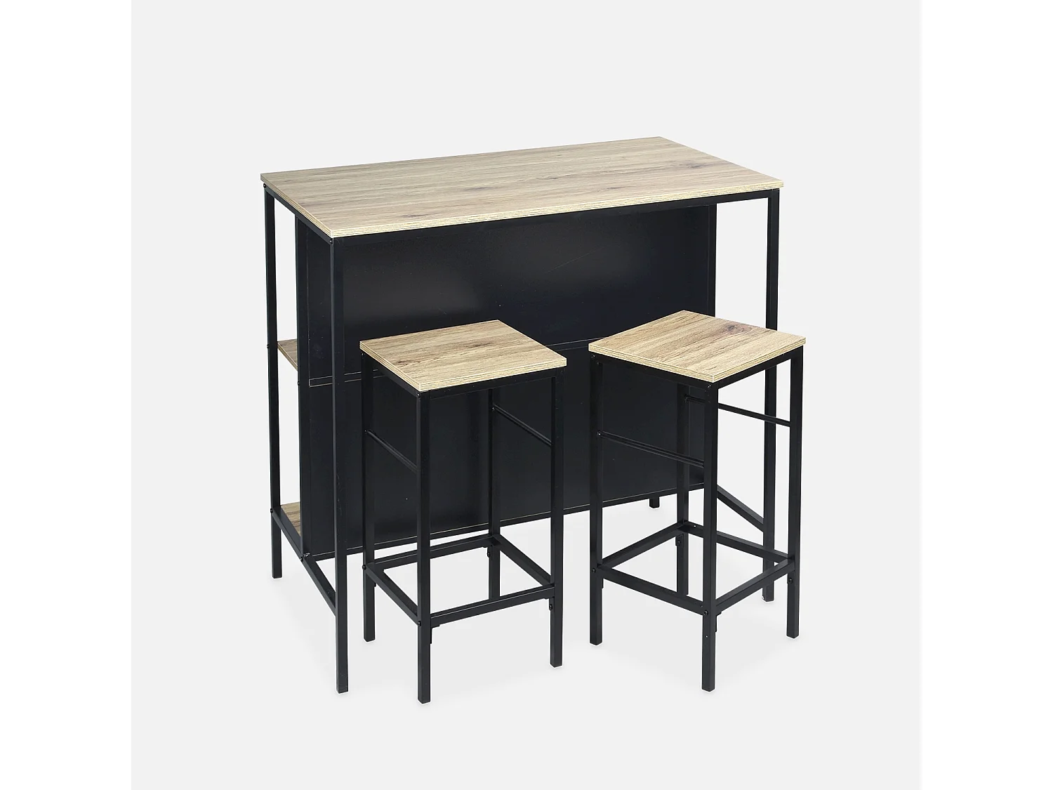 Tavolo alto in legno e metallo, 2 ripiani, 2 sgabelli, marrone