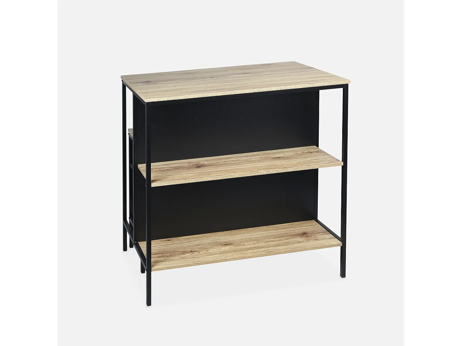 Tavolo alto in legno e metallo, 2 ripiani, 2 sgabelli, marrone