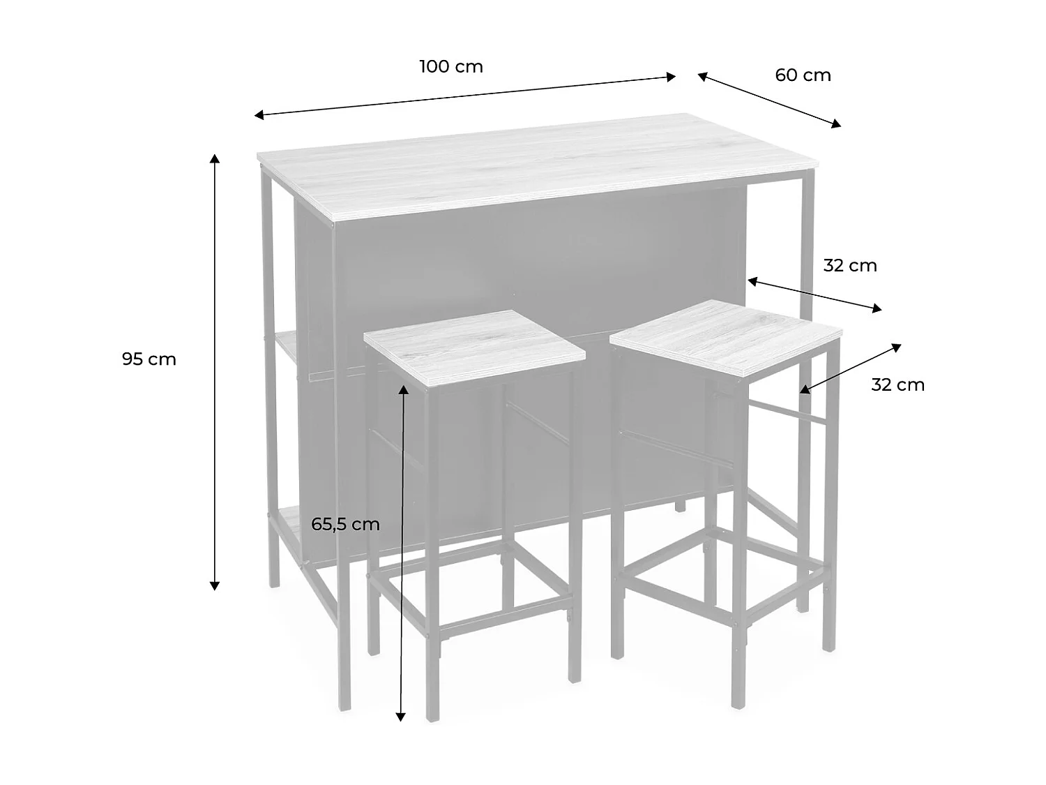 Tavolo alto in legno e metallo, 2 ripiani, 2 sgabelli, marrone