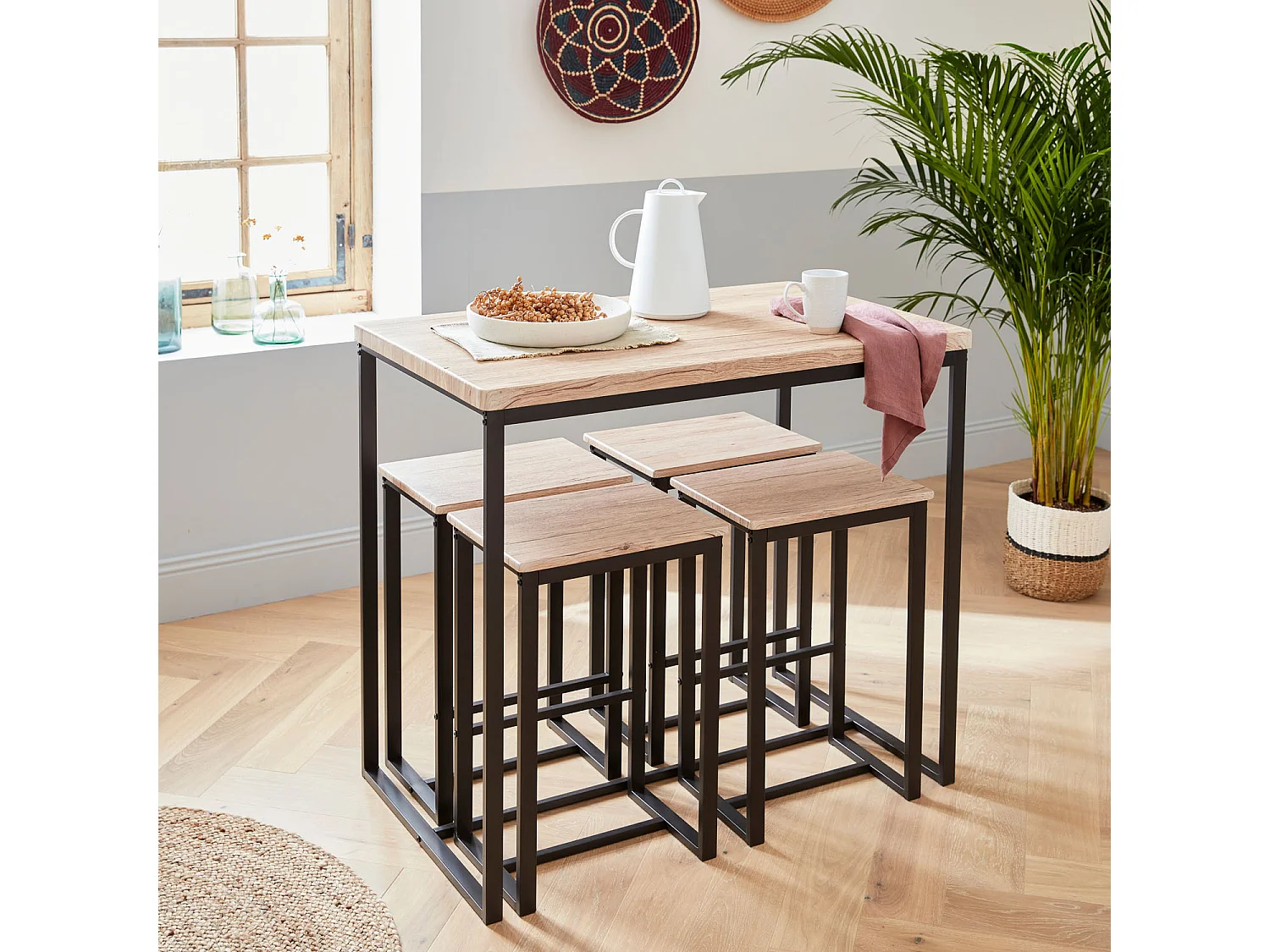 Set table haute rectangulaire LOFT avec 4 tabourets de bar. acier et décor bois. encastrable. design