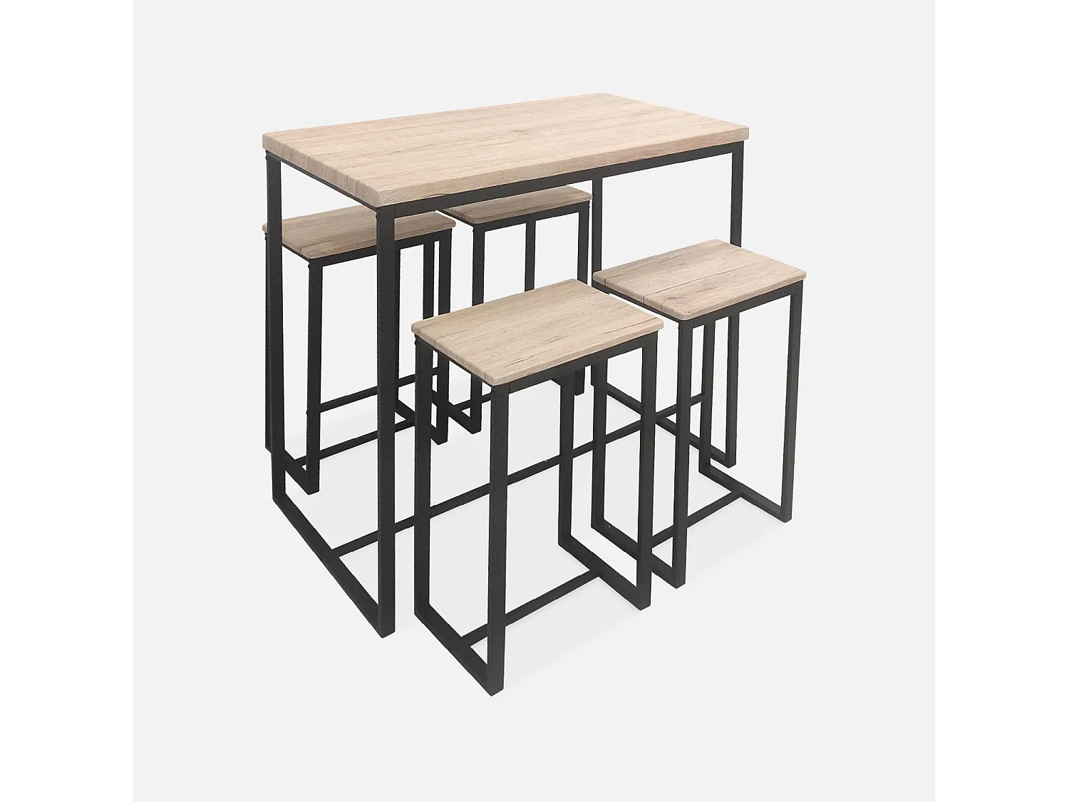 Set table haute rectangulaire LOFT avec 4 tabourets de bar. acier et décor bois. encastrable. design