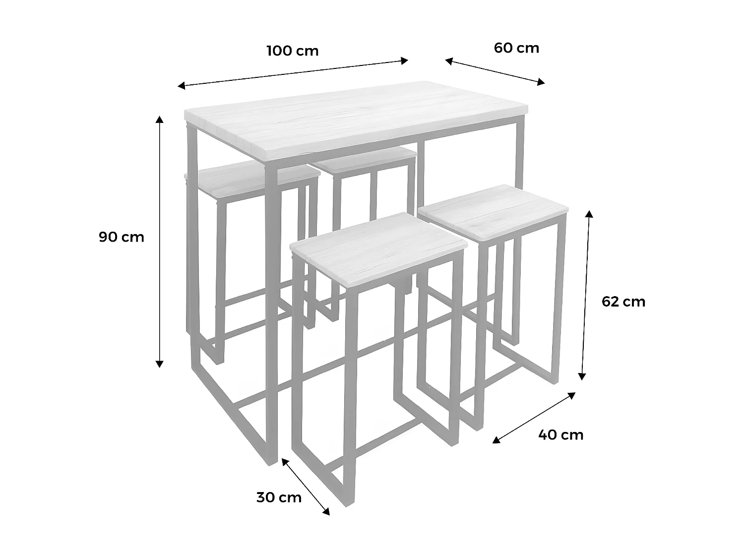 Set table haute rectangulaire LOFT avec 4 tabourets de bar. acier et décor bois. encastrable. design