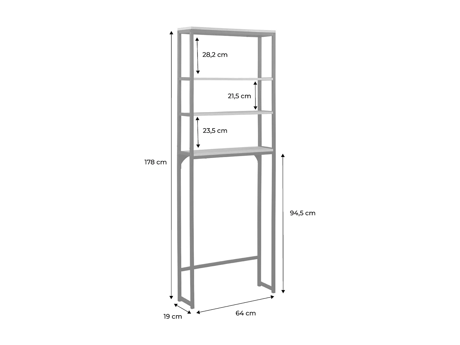 Meuble WC. Loft. 4 étagère de toilette L 64 cm x l 19 cm x H 178 cm