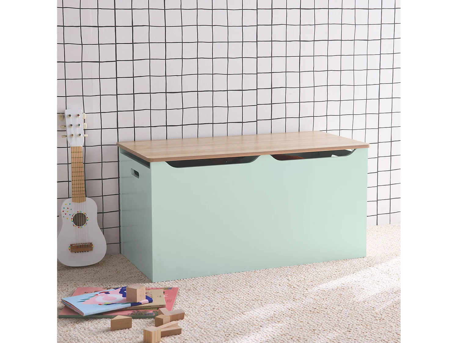 Cassettone per giochi effetto legno bianco, verde celadon