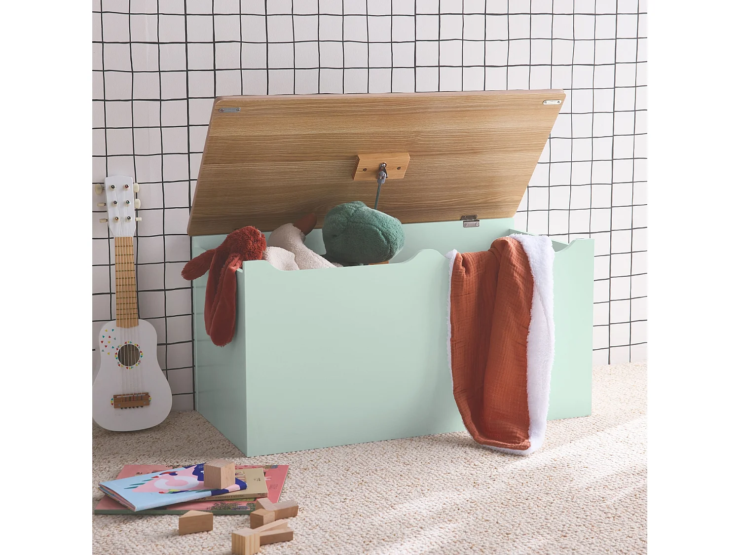 Cassettone per giochi effetto legno bianco, verde celadon