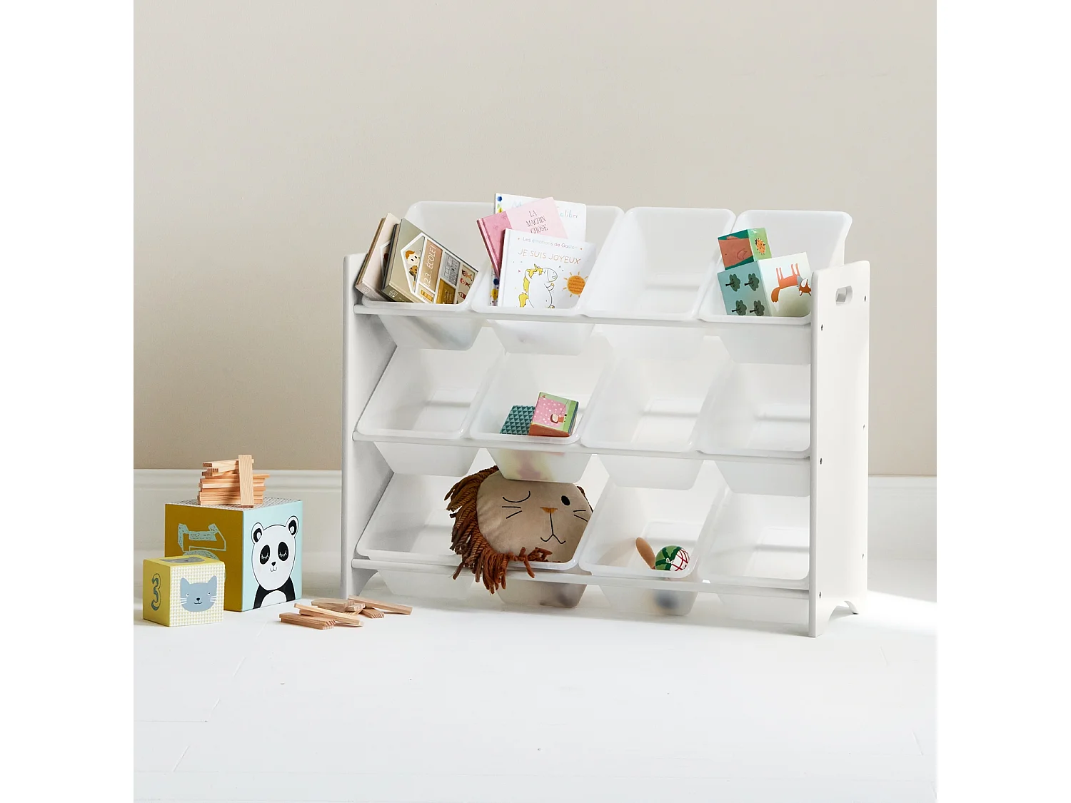 Meuble de rangement pour enfant avec 12 casiers. blanc - Tobias - MDF décor bois naturel. L 84 x P 29.5 x H 60cm