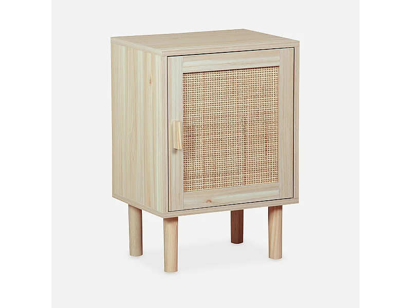 Table de chevet en cannage et décor bois - Camargue - 40x30x58cm - 2 niveaux - 1 porte - pieds droits