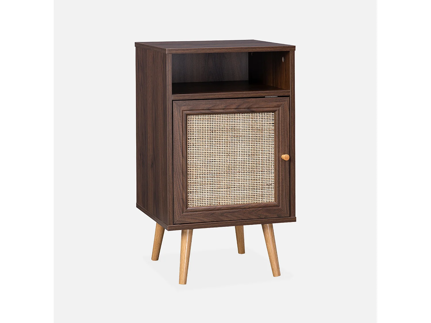 Table de chevet en cannage - Bohème - 40x39x70cm. couleur noyer - 2 niveaux - 1 porte - 1 espace de rangement - pieds scandinaves