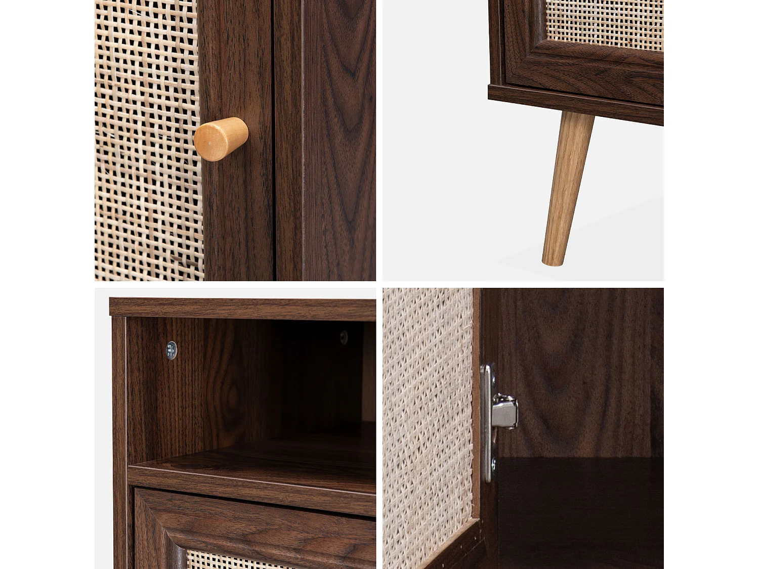 Table de chevet en cannage - Bohème - 40x39x70cm. couleur noyer - 2 niveaux - 1 porte - 1 espace de rangement - pieds scandinaves