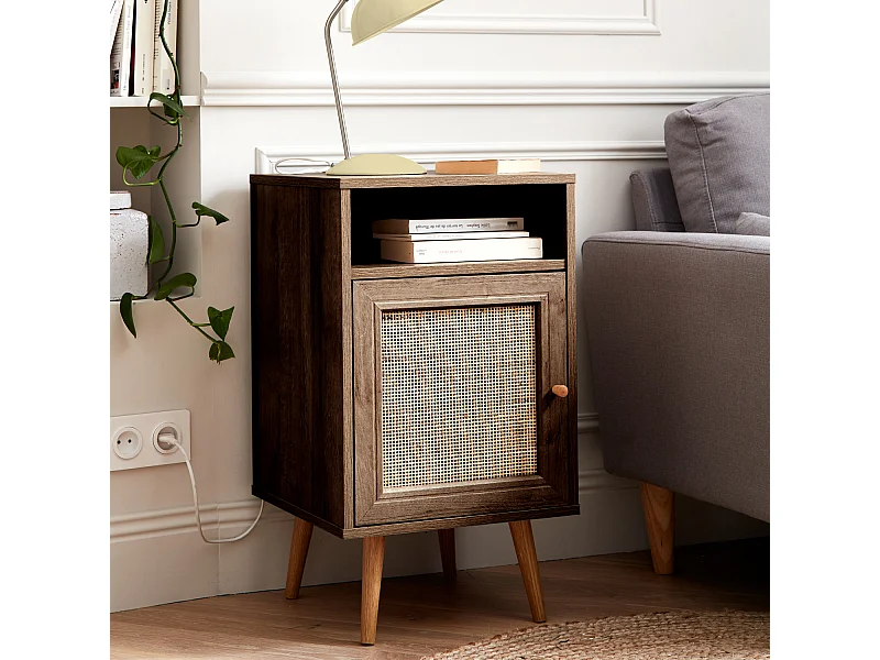 Comodino scandinavo in vimini, noce