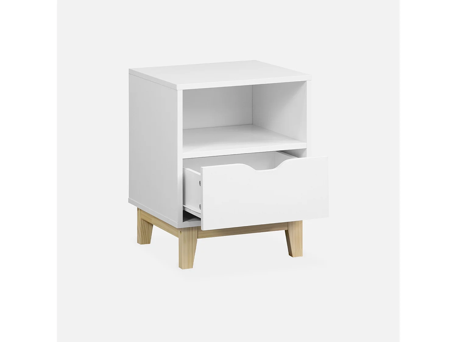 Table de chevet blanche avec pieds en bois de sapin - Floki - 40 x 39 x 52cm - 1 tiroir et 1 niche