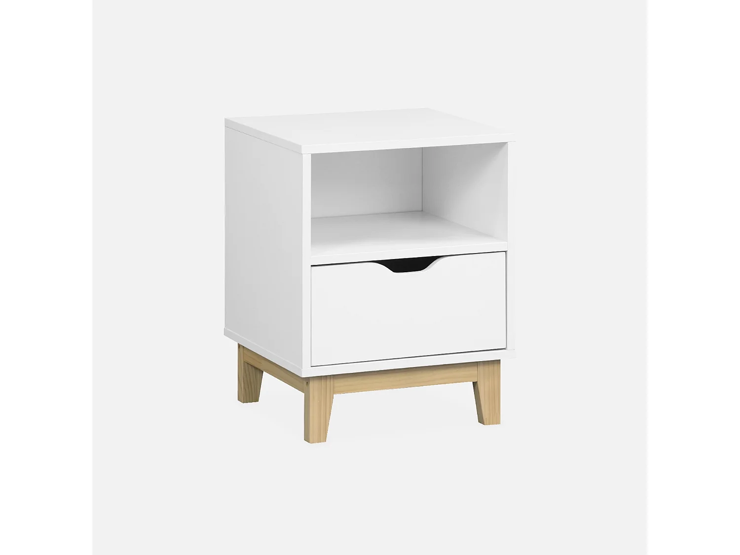 Table de chevet blanche avec pieds en bois de sapin - Floki - 40 x 39 x 52cm - 1 tiroir et 1 niche