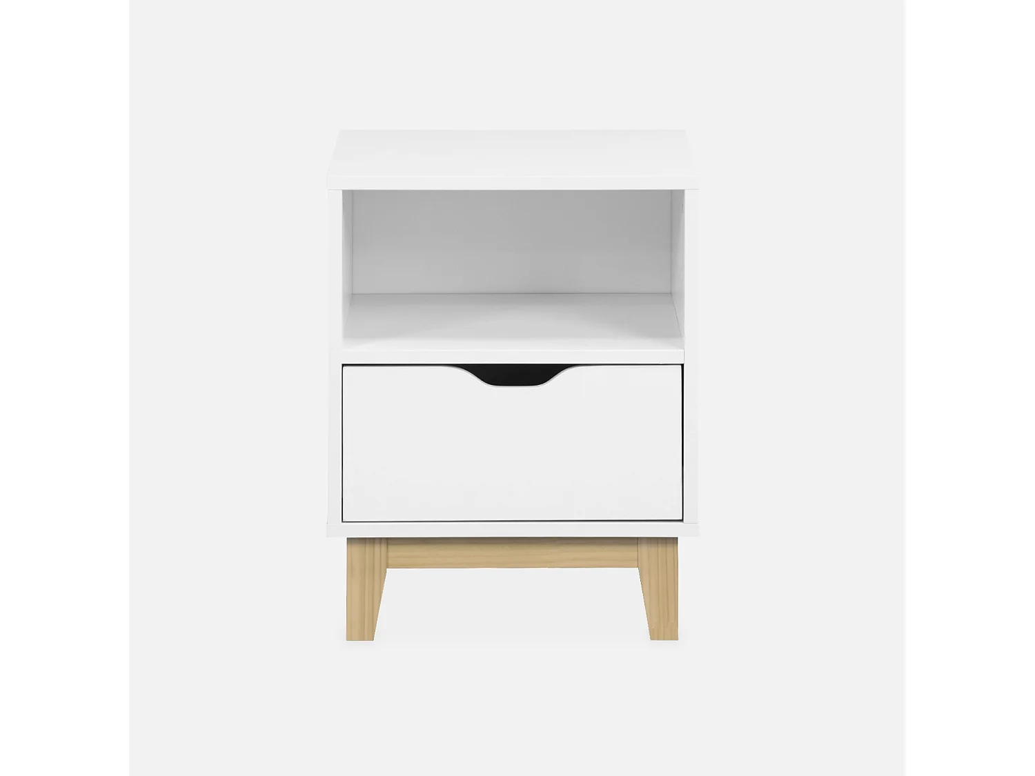 Table de chevet blanche avec pieds en bois de sapin - Floki - 40 x 39 x 52cm - 1 tiroir et 1 niche