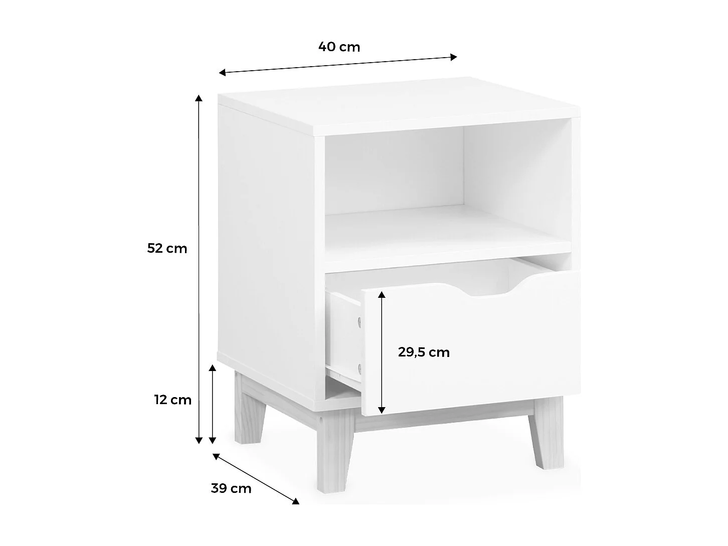 Table de chevet blanche avec pieds en bois de sapin - Floki - 40 x 39 x 52cm - 1 tiroir et 1 niche