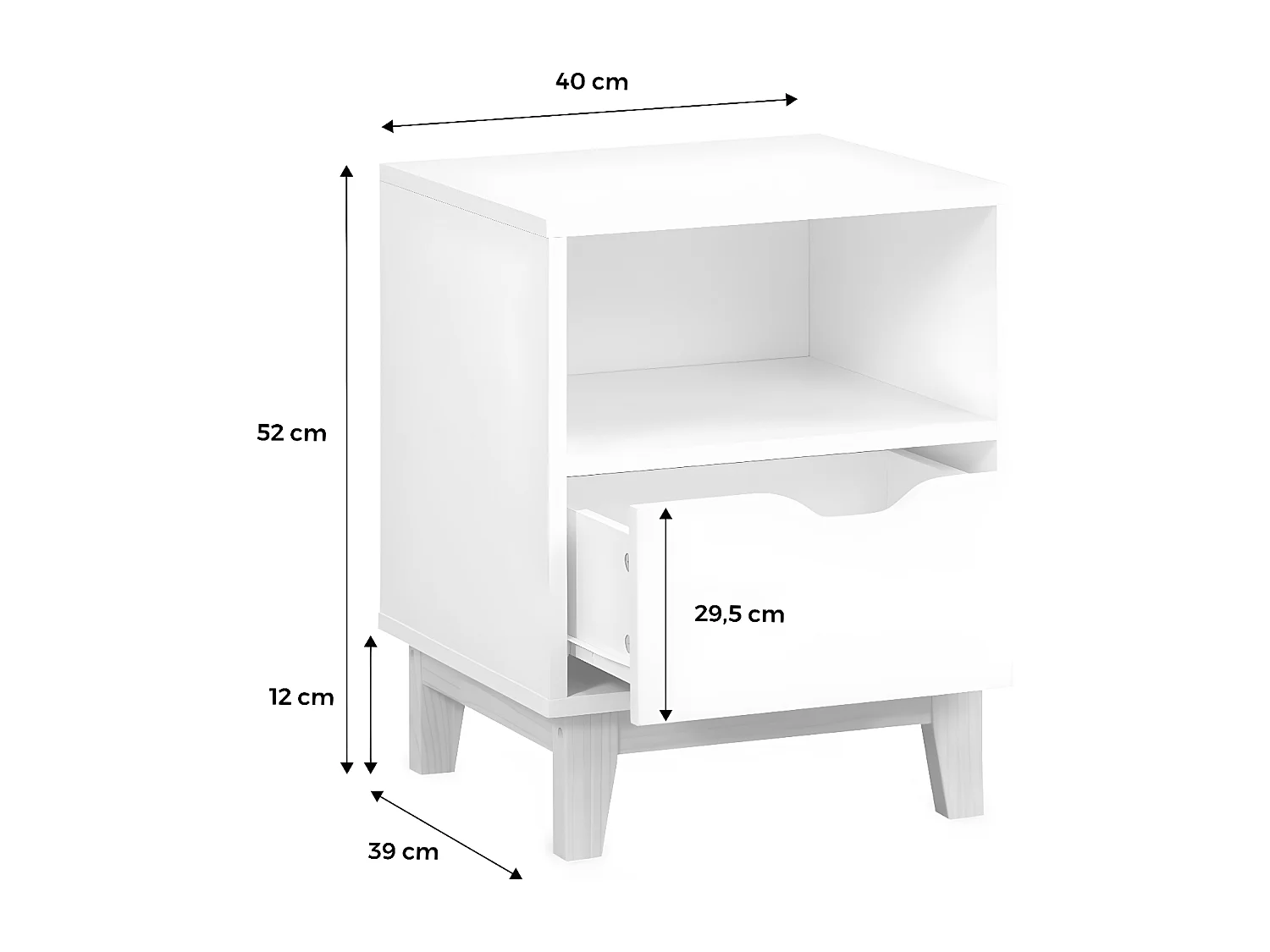 Table de chevet blanche avec pieds en bois de sapin - Floki - 40 x 39 x 52cm - 1 tiroir et 1 niche