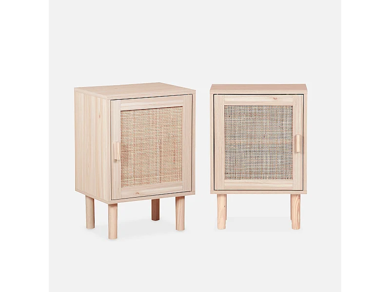 Lot de 2 tables de chevet en cannage et décor bois - Camargue - 40x30x58cm. 2 niveaux. 1 porte. pieds droits