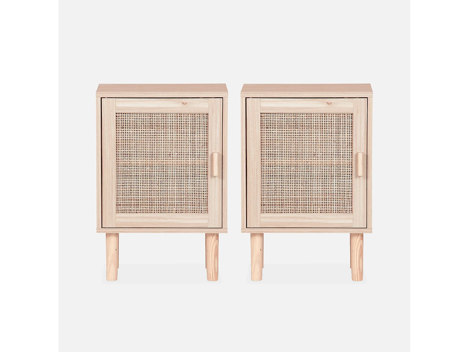 Lot de 2 tables de chevet en cannage et décor bois - Camargue - 40x30x58cm. 2 niveaux. 1 porte. pieds droits