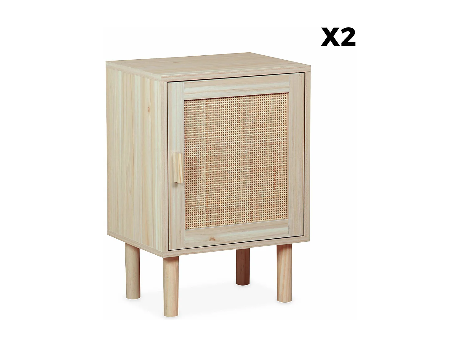 Lot de 2 tables de chevet en cannage et décor bois - Camargue - 40x30x58cm. 2 niveaux. 1 porte. pieds droits