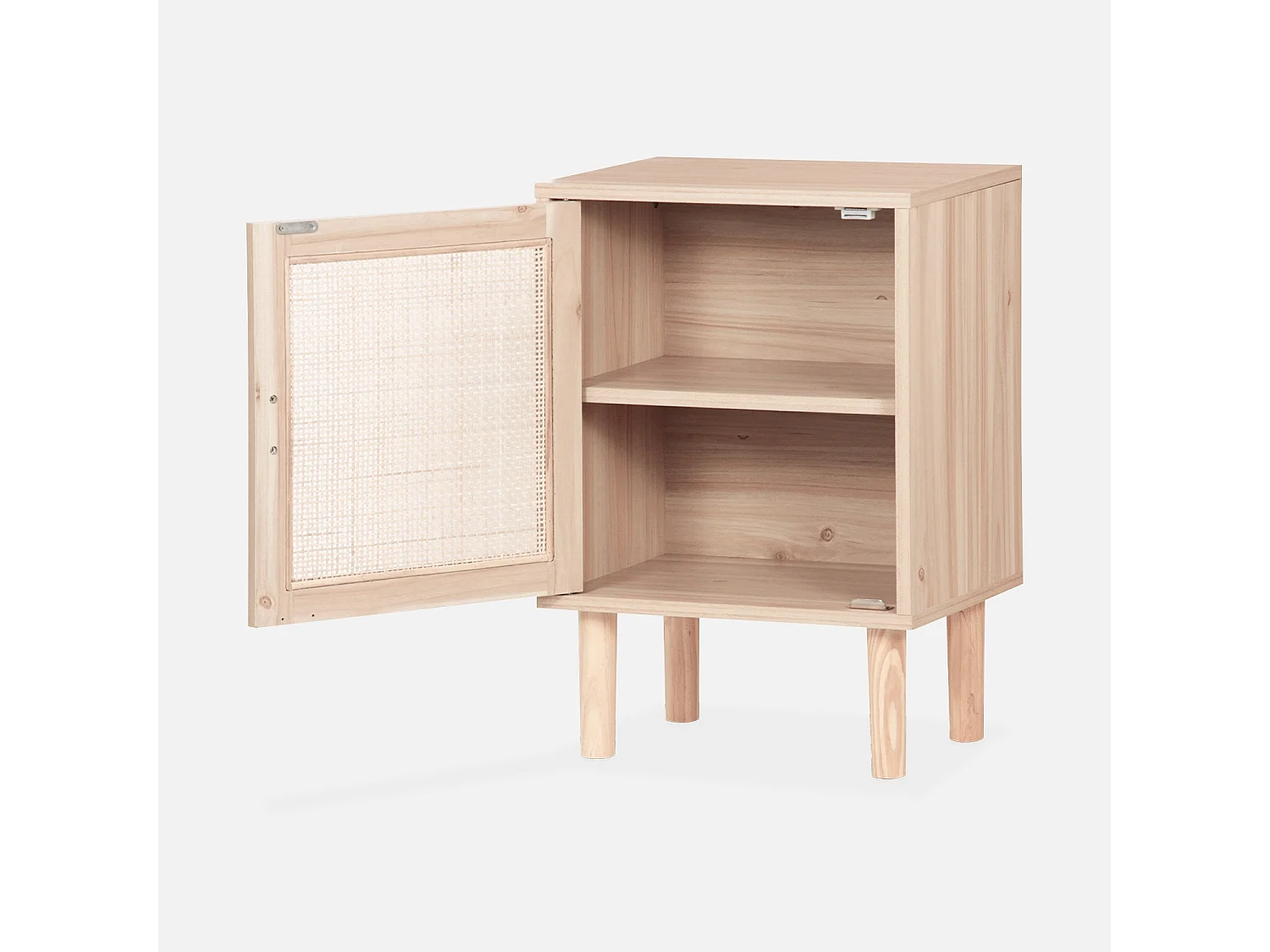 Lot de 2 tables de chevet en cannage et décor bois - Camargue - 40x30x58cm. 2 niveaux. 1 porte. pieds droits