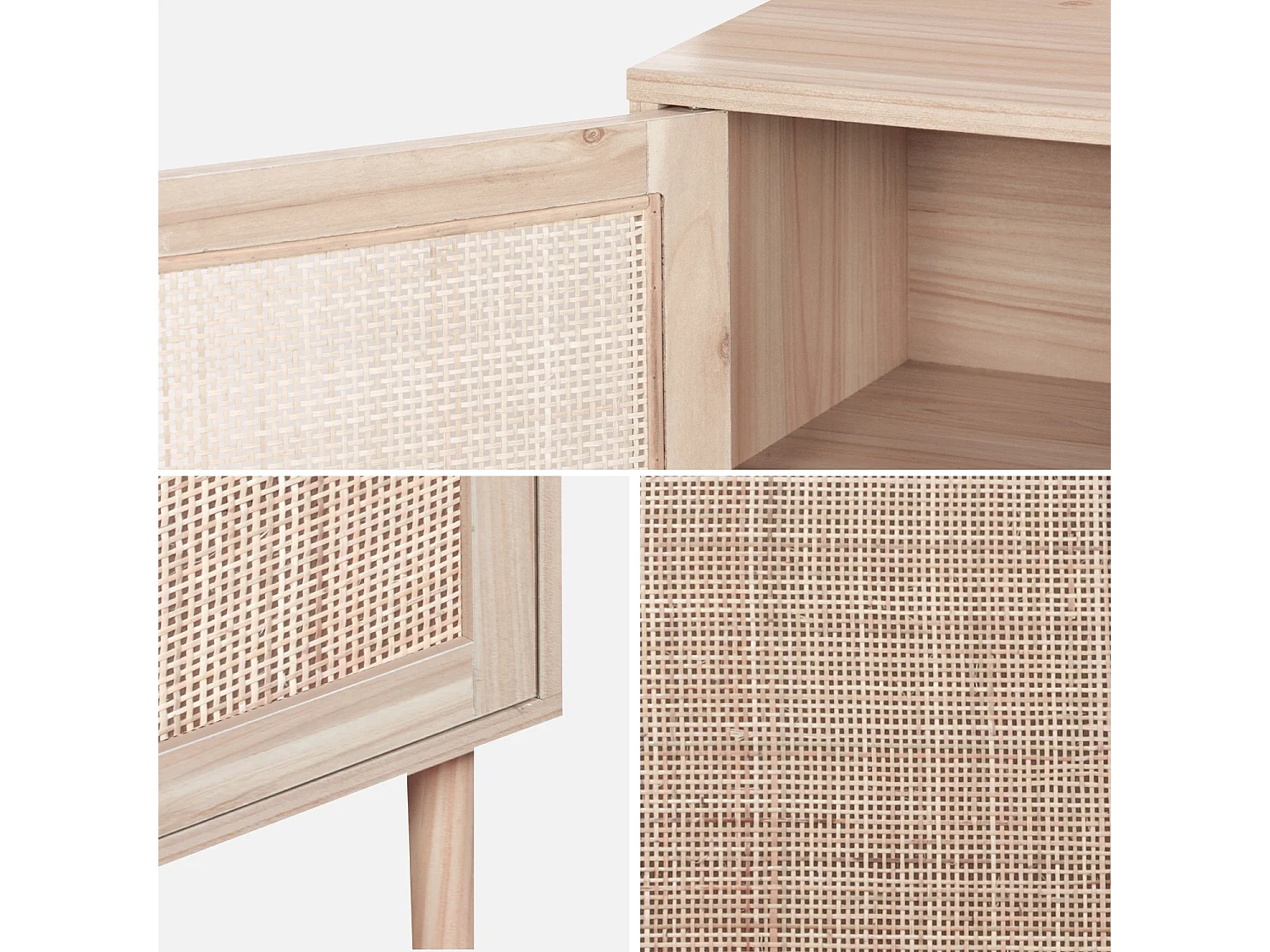Lot de 2 tables de chevet en cannage et décor bois - Camargue - 40x30x58cm. 2 niveaux. 1 porte. pieds droits