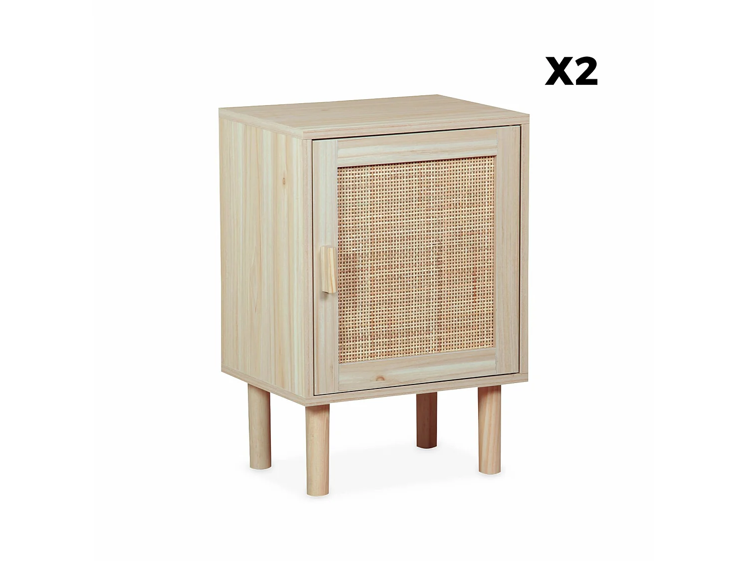 Lot de 2 tables de chevet en cannage et décor bois - Camargue - 40x30x58cm. 2 niveaux. 1 porte. pieds droits