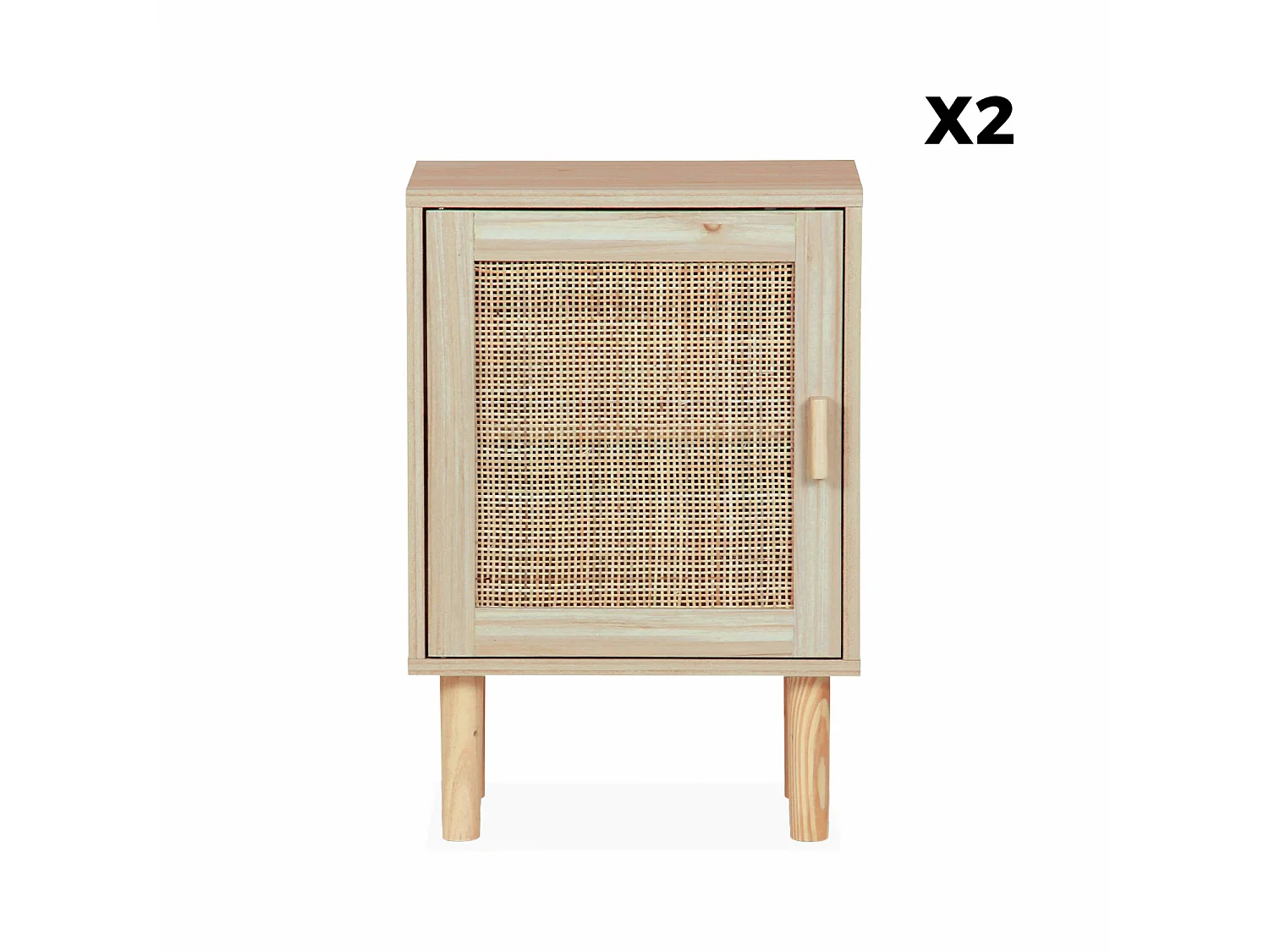 Lot de 2 tables de chevet en cannage et décor bois - Camargue - 40x30x58cm. 2 niveaux. 1 porte. pieds droits