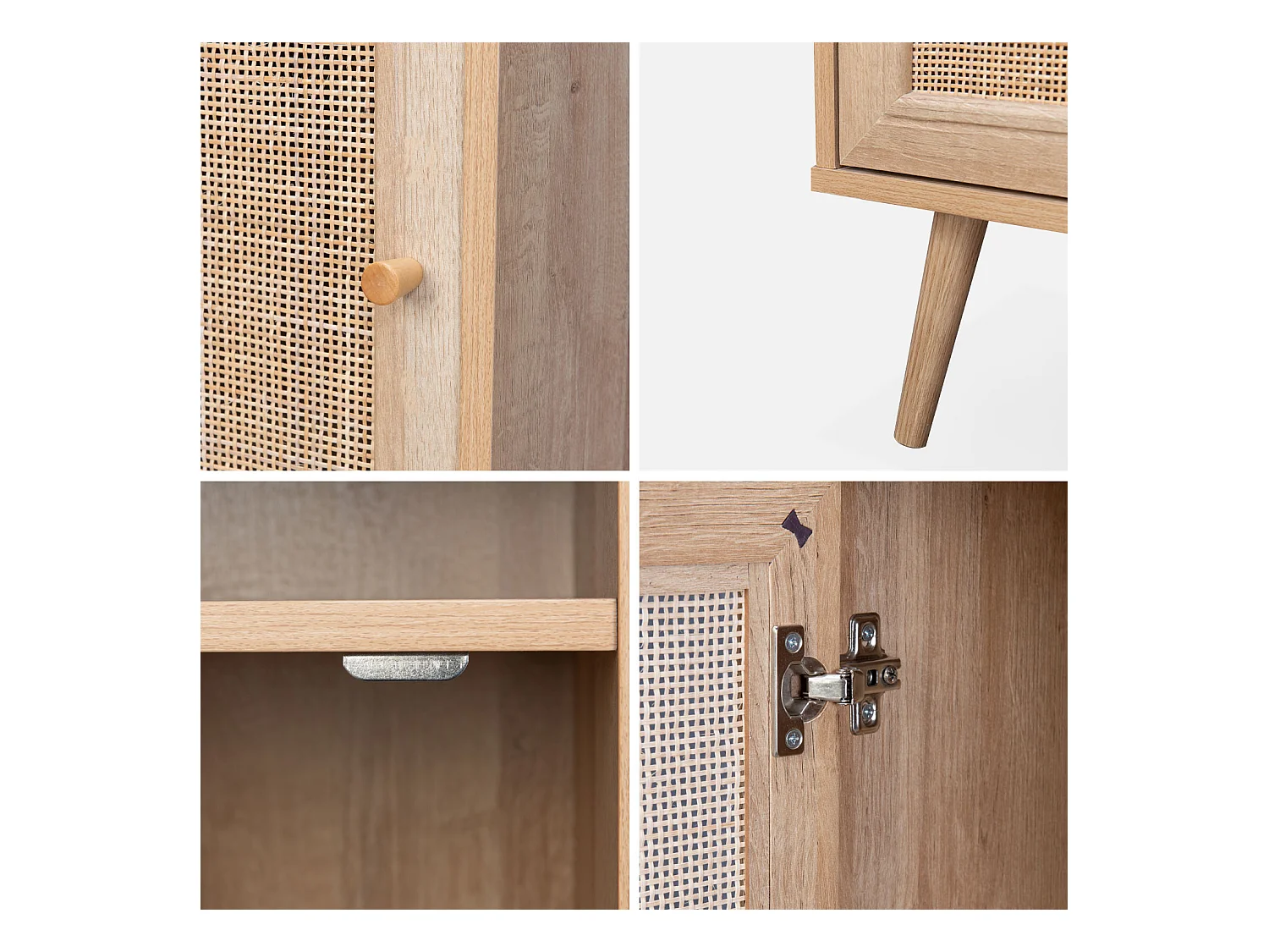 Table de chevet en cannage coloris naturel - Bohème - 40x39x70cm. naturel - 2 niveaux - 1 porte - 1 espace de rangement - pieds scandinaves