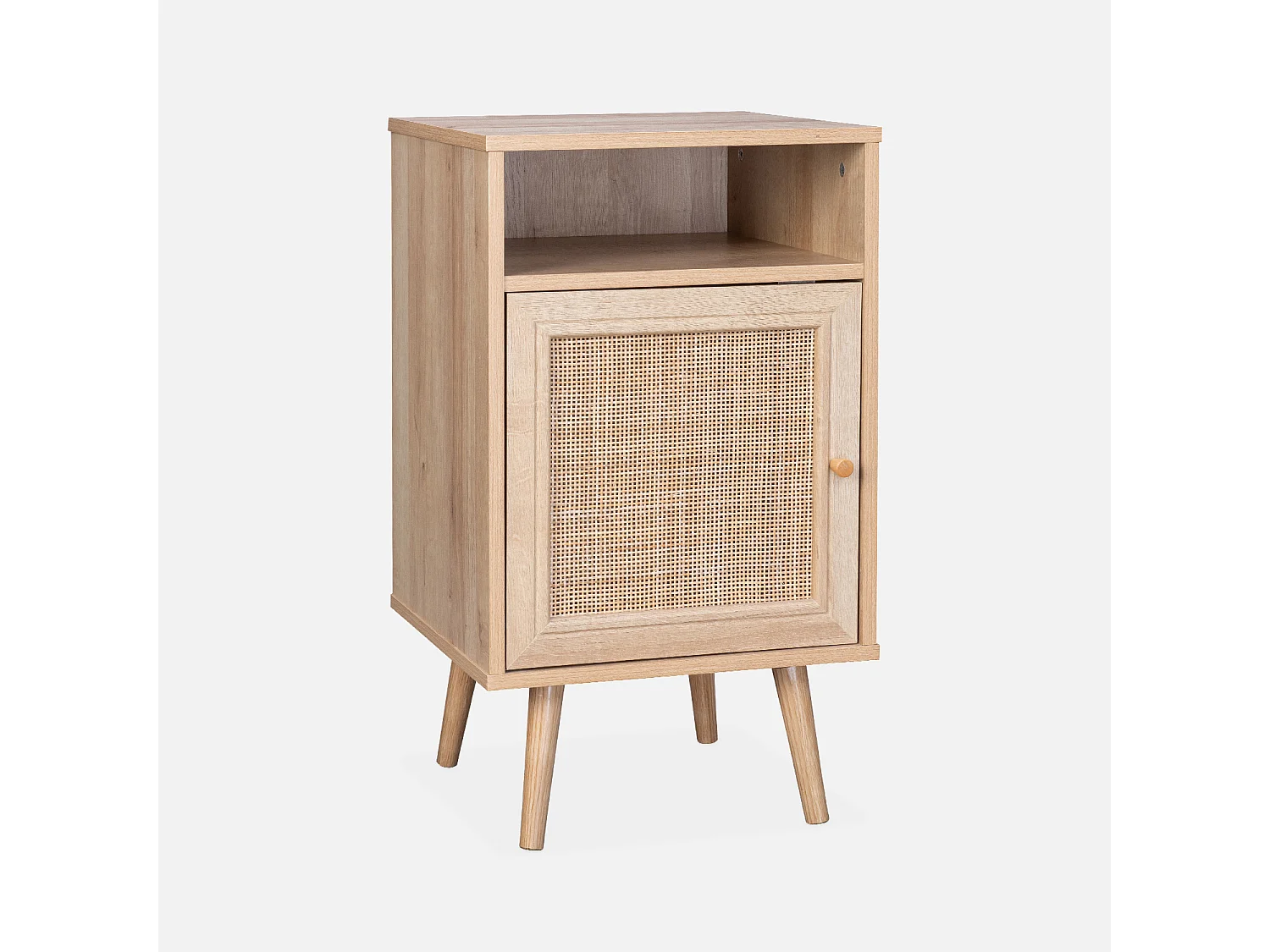 Mesita de noche escandinava de efecto madera y caña natural