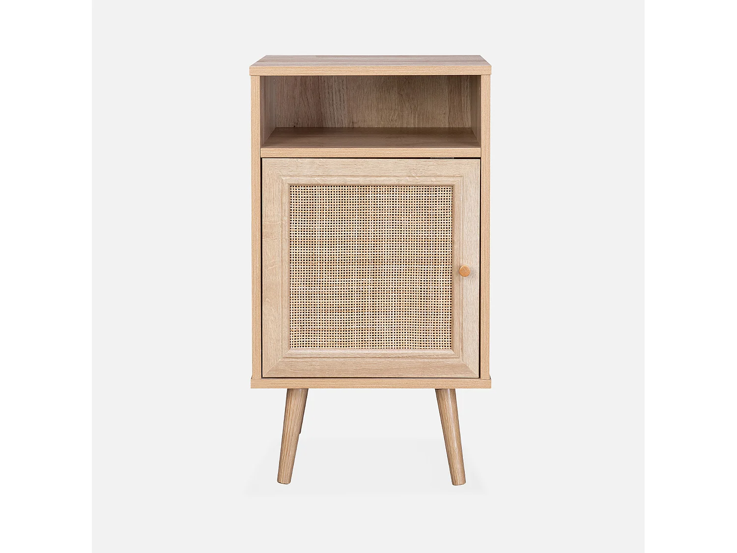 Mesita de noche escandinava de efecto madera y caña natural