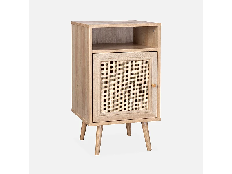 Table de chevet en cannage coloris naturel - Bohème - 40x39x70cm. naturel - 2 niveaux - 1 porte - 1 espace de rangement - pieds scandinaves