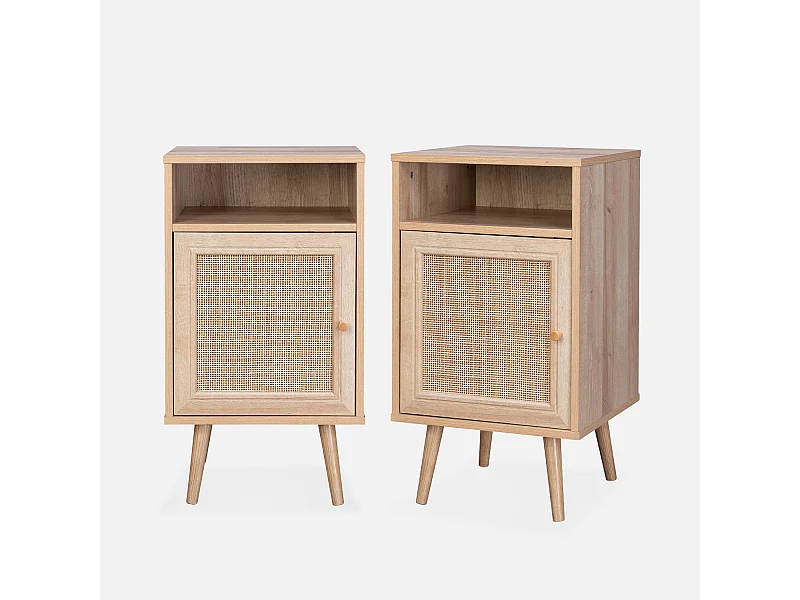 Set 2 comodini scandinavi in intrecciatura cannage, marrone naturale