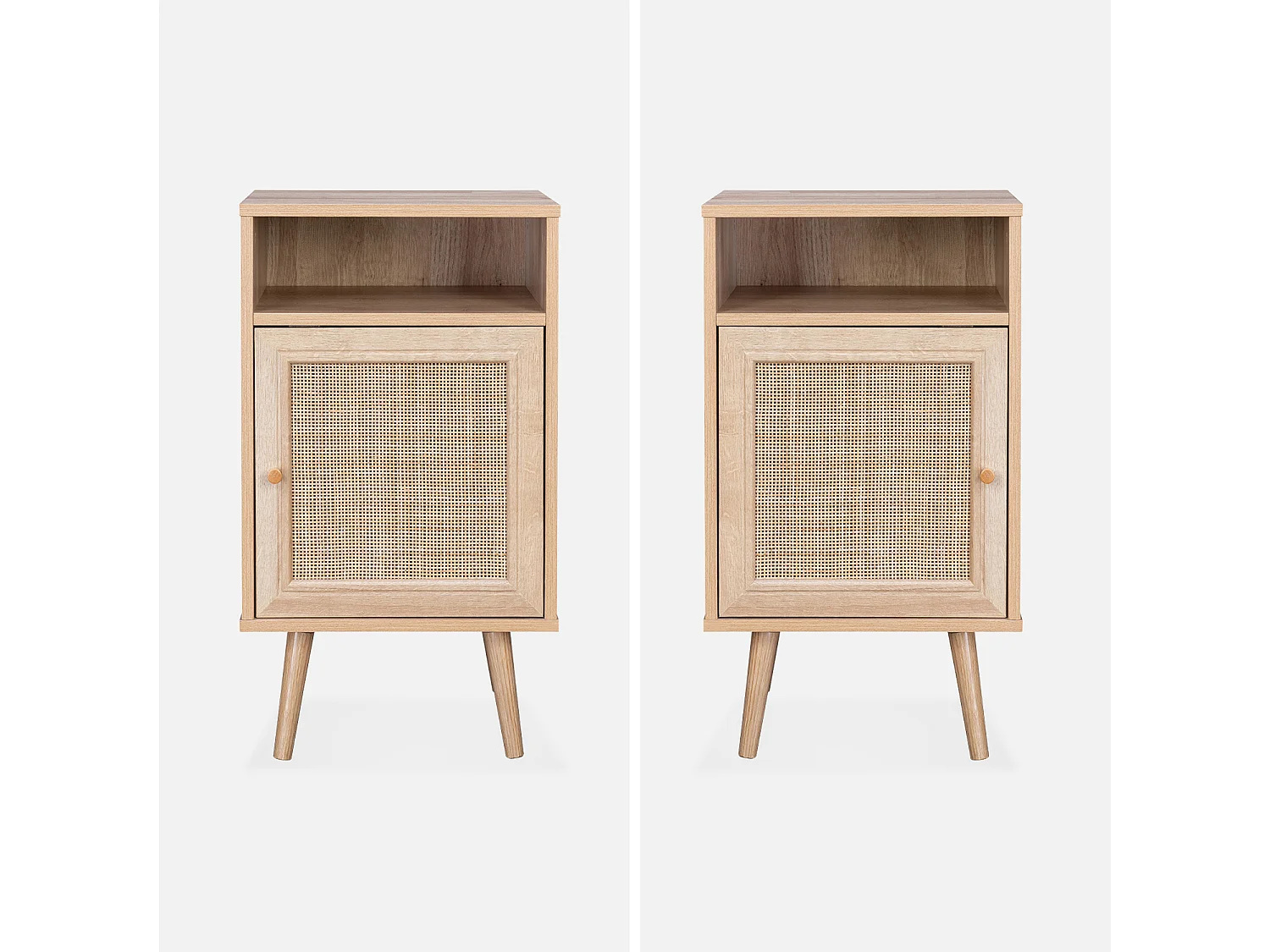Lot de 2 tables de chevet en cannage - Bohème - 40x39x70cm Naturel - 2 niveaux - 1 portes - 1 espace de rangement - pieds scandinaves