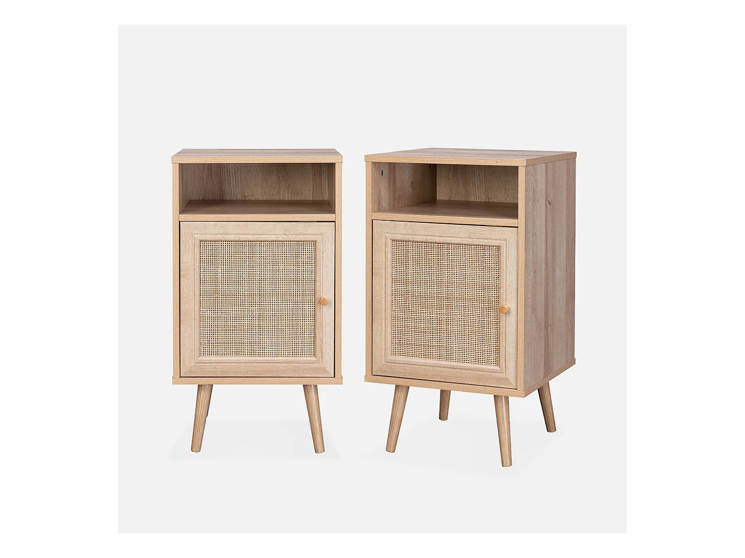 Lot de 2 tables de chevet en cannage - Bohème - 40x39x70cm Naturel - 2 niveaux - 1 portes - 1 espace de rangement - pieds scandinaves
