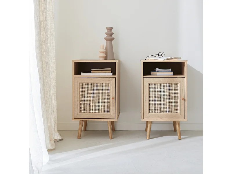 Lot de 2 tables de chevet en cannage - Bohème - 40x39x70cm Naturel - 2 niveaux - 1 portes - 1 espace de rangement - pieds scandinaves