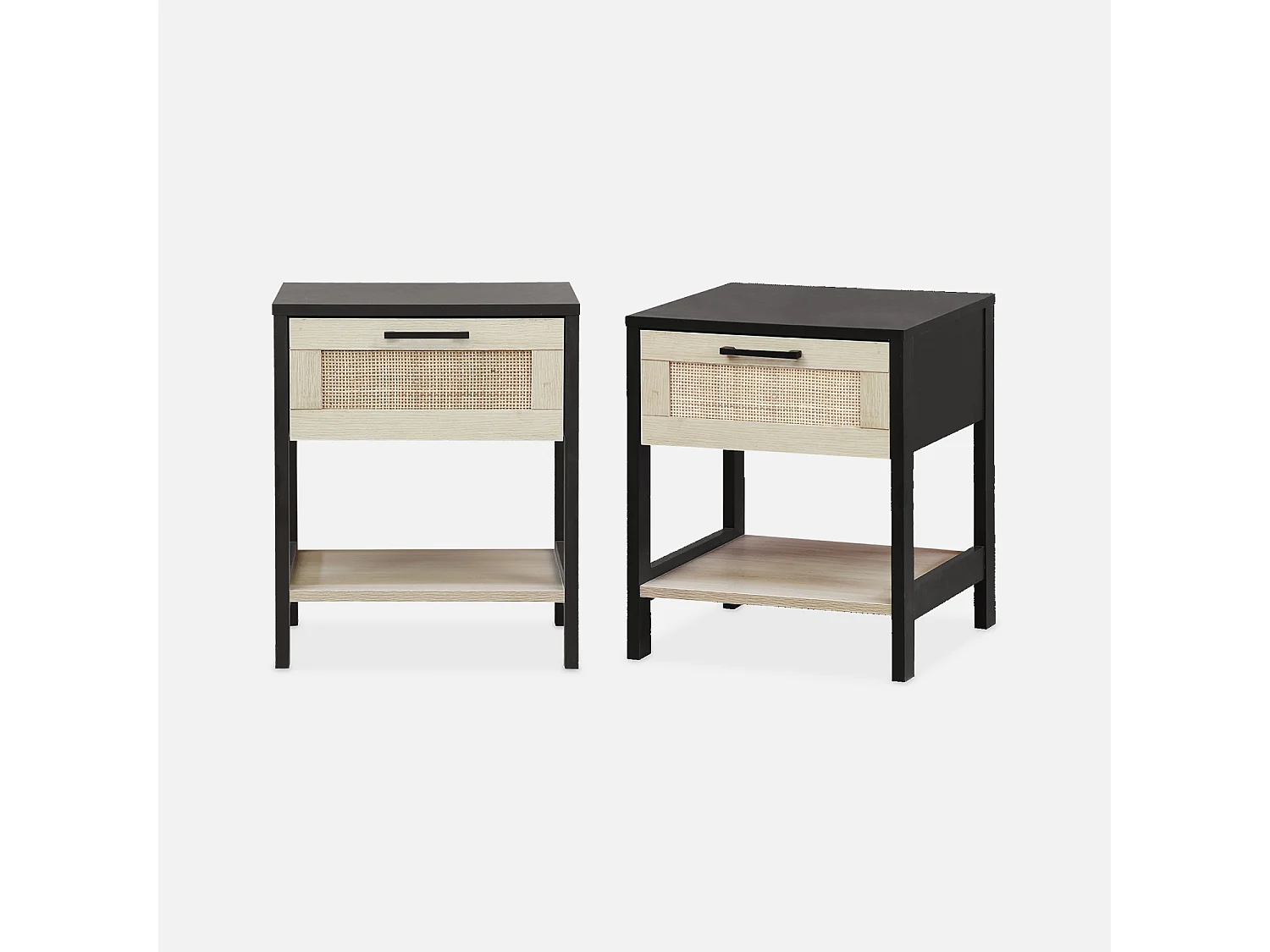 Lot de 2 tables de chevet. noir et cannage 40 x 40 x 48cm - Bianca - 1 tiroir. 1 étagère