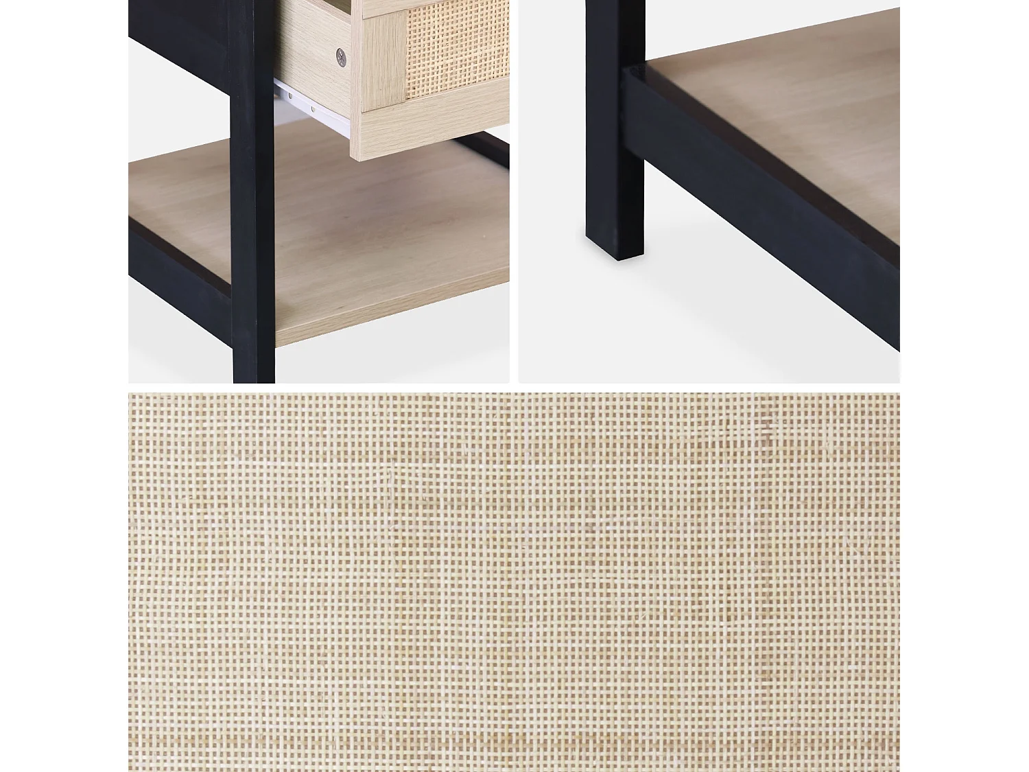 Lot de 2 tables de chevet. noir et cannage 40 x 40 x 48cm - Bianca - 1 tiroir. 1 étagère