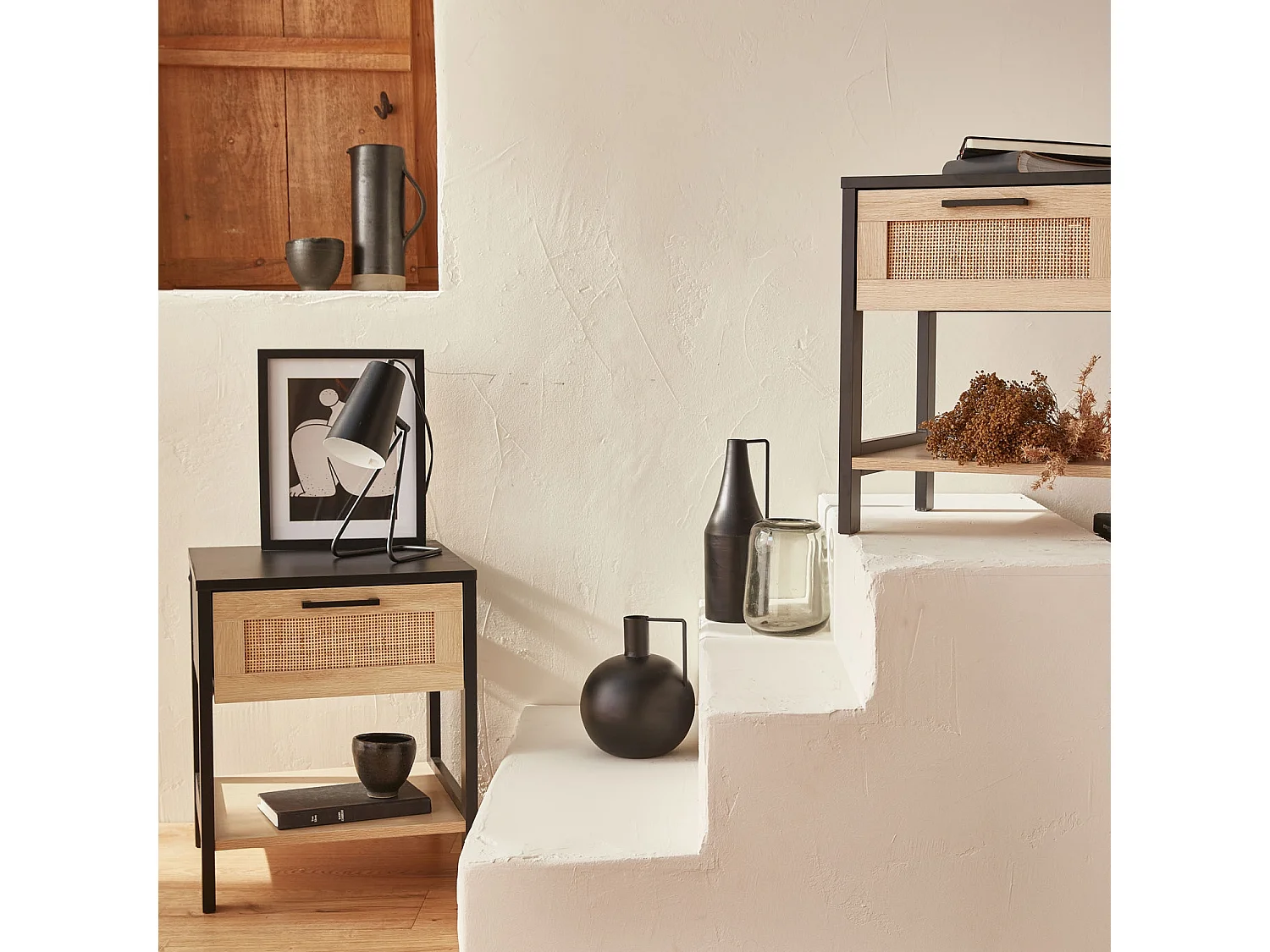 Lot de 2 tables de chevet. noir et cannage 40 x 40 x 48cm - Bianca - 1 tiroir. 1 étagère