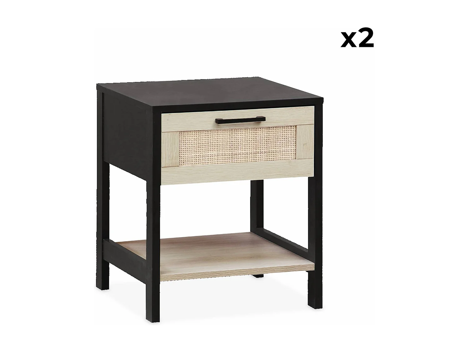 Lot de 2 tables de chevet. noir et cannage 40 x 40 x 48cm - Bianca - 1 tiroir. 1 étagère