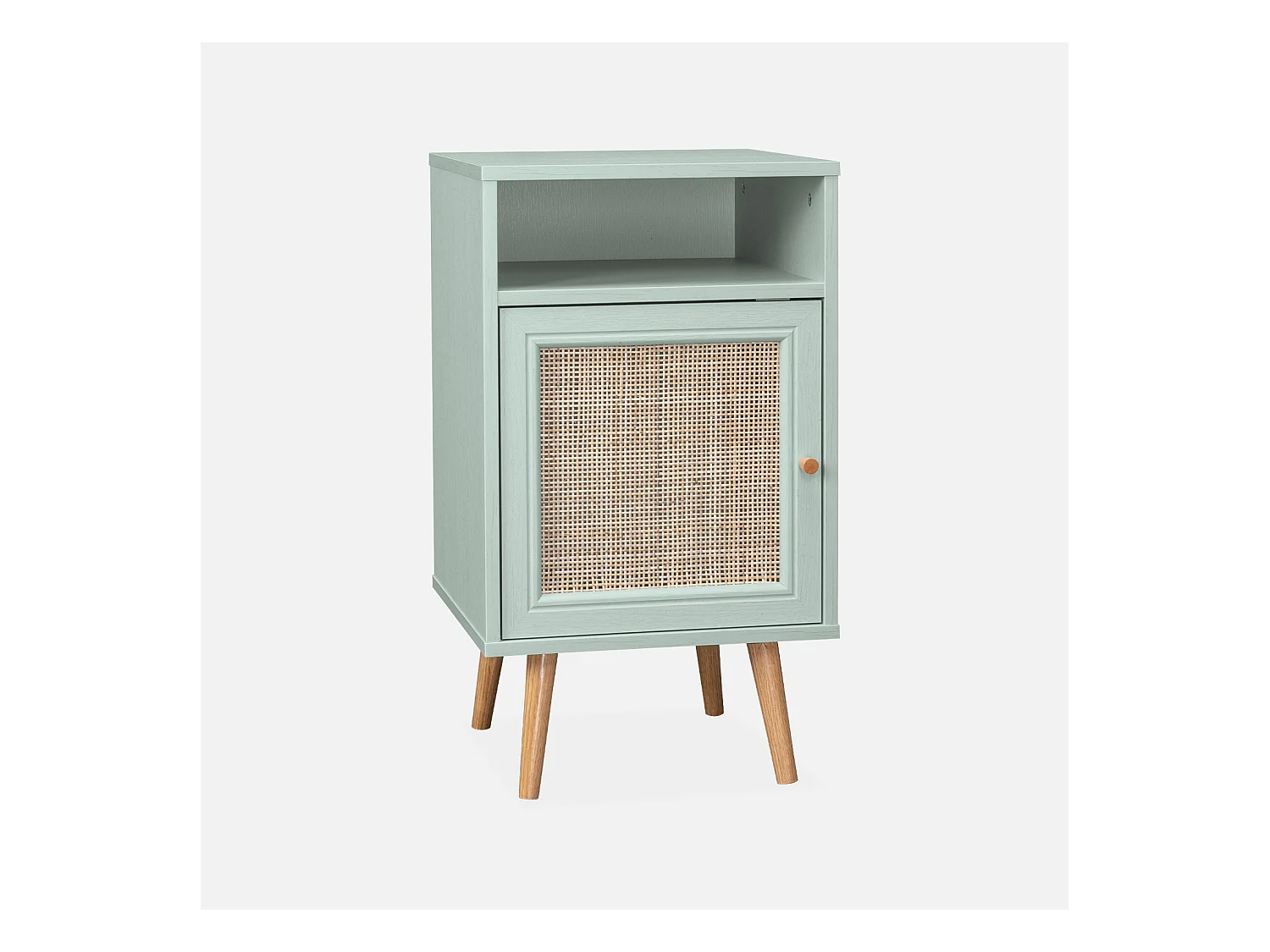 Table de chevet en cannage - Bohème - 40x39x70cm coloris vert céladon - 2 niveaux - 1 porte - 1 espace de rangement - pieds scandinaves
