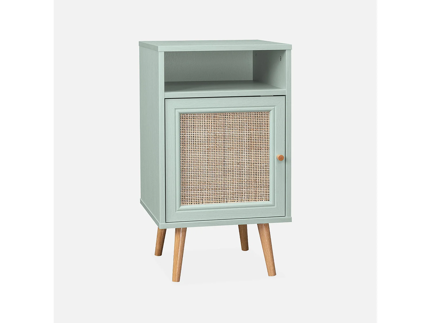 Mesita de noche escandinava de efecto madera y caña verde celadón