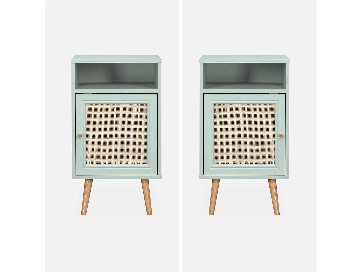 Mesita de noche escandinava de efecto madera y caña verde celadón